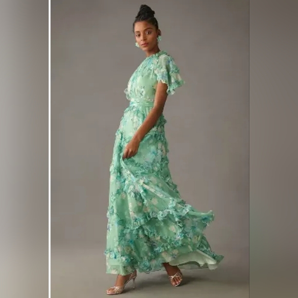 Mac Duggal Floral Print Chiffon Cascading Ruffle Raglan Gown SZ 2 NEW 68216 - Picture 4 of 14